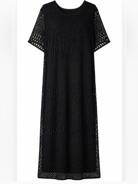 Vintage Y2K Dark Fairy Boho Black Maxi Dress 2X Black Open Crochet Lined Resort